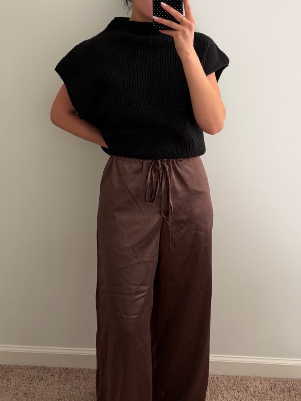 High-Rise Wide Leg Satin Pants in Brown